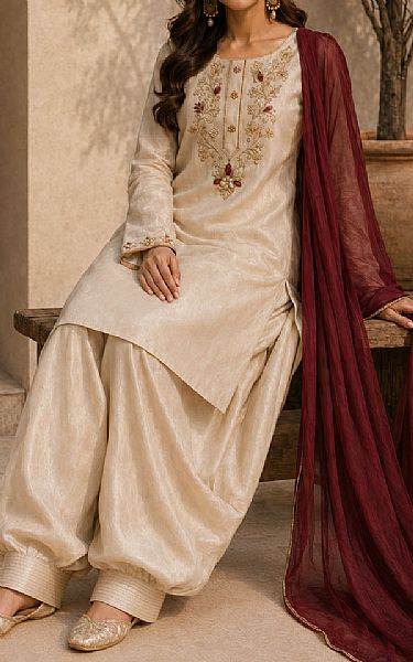 Mahveen Studio Light Golden Tissue Silk Suit | Pakistani Embroidered Chiffon Dresses USA- Image 2