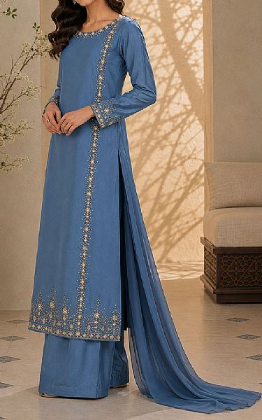 Mahveen Studio Blue Tissue Silk Suit | Pakistani Embroidered Chiffon Dresses USA- Image 1