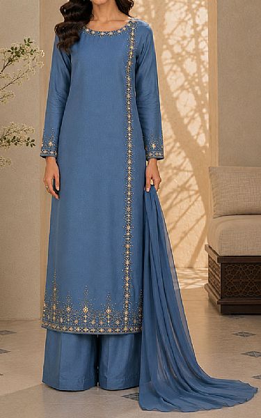 Mahveen Studio Blue Tissue Silk Suit | Pakistani Embroidered Chiffon Dresses USA- Image 2