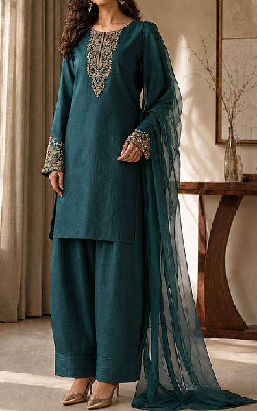 Mahveen Studio Teal Tissue Silk Suit | Pakistani Embroidered Chiffon Dresses USA- Image 1