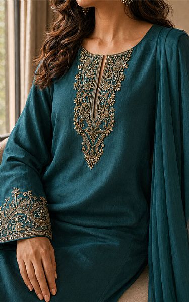 Mahveen Studio Teal Tissue Silk Suit | Pakistani Embroidered Chiffon Dresses USA- Image 2