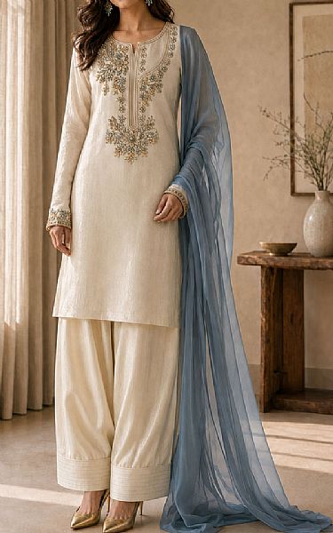Mahveen Studio Off-white Tissue Silk Suit | Pakistani Embroidered Chiffon Dresses USA- Image 1