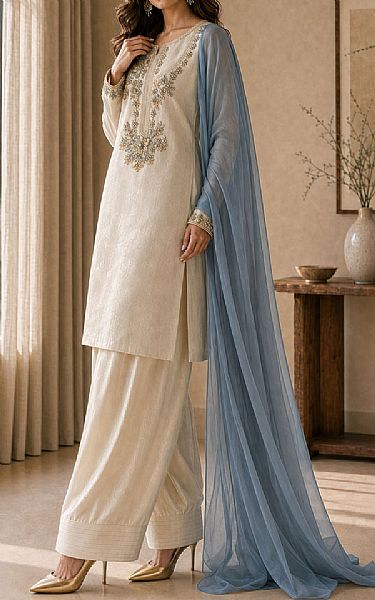 Mahveen Studio Off-white Tissue Silk Suit | Pakistani Embroidered Chiffon Dresses USA- Image 2