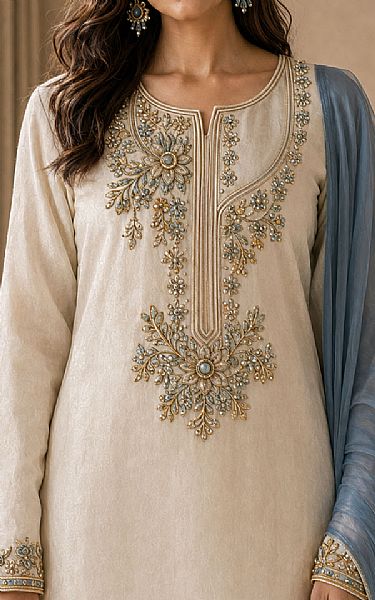 Mahveen Studio Off-white Tissue Silk Suit | Pakistani Embroidered Chiffon Dresses USA- Image 3