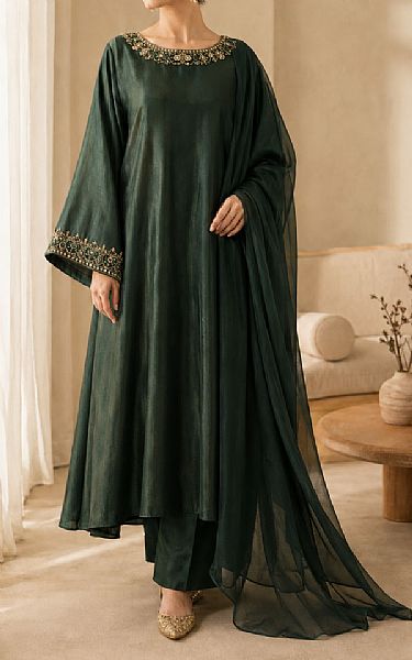 Mahveen Studio Bottle Green Tissue Silk Suit | Pakistani Embroidered Chiffon Dresses USA- Image 1