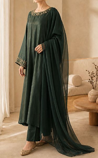 Mahveen Studio Bottle Green Tissue Silk Suit | Pakistani Embroidered Chiffon Dresses USA- Image 2