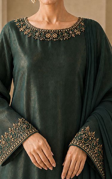 Mahveen Studio Bottle Green Tissue Silk Suit | Pakistani Embroidered Chiffon Dresses USA- Image 3