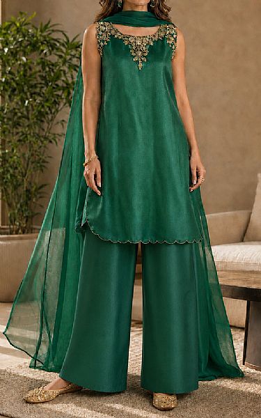Mahveen Studio Emerald Green Tissue Silk Suit | Pakistani Embroidered Chiffon Dresses USA- Image 1