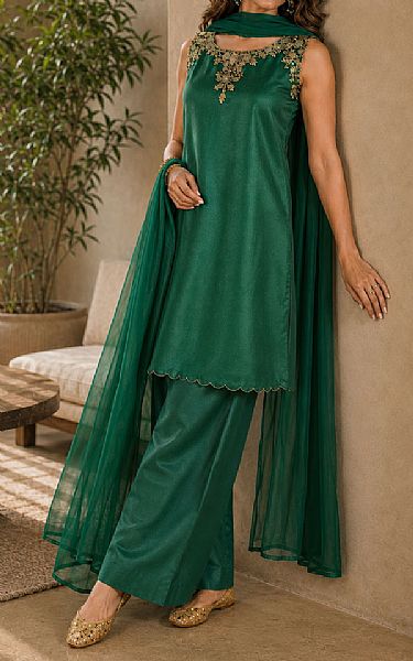 Mahveen Studio Emerald Green Tissue Silk Suit | Pakistani Embroidered Chiffon Dresses USA- Image 2