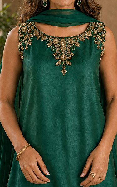Mahveen Studio Emerald Green Tissue Silk Suit | Pakistani Embroidered Chiffon Dresses USA- Image 3