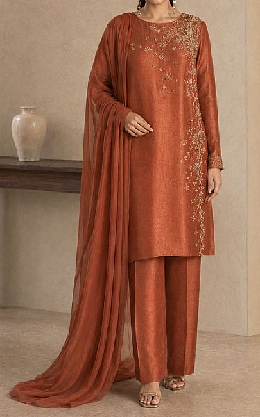 Mahveen Studio Rust Tissue Silk Suit | Pakistani Embroidered Chiffon Dresses USA- Image 1