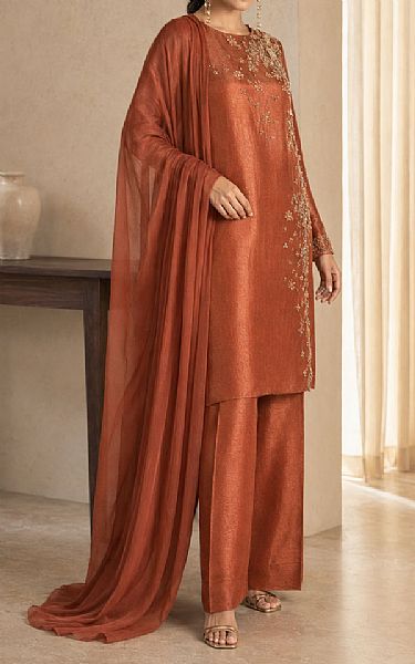 Mahveen Studio Rust Tissue Silk Suit | Pakistani Embroidered Chiffon Dresses USA- Image 2