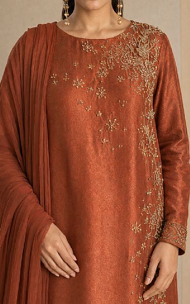 Mahveen Studio Rust Tissue Silk Suit | Pakistani Embroidered Chiffon Dresses USA- Image 3