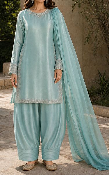 Mahveen Studio Light Turquoise Tissue Silk Suit | Pakistani Embroidered Chiffon Dresses USA- Image 1