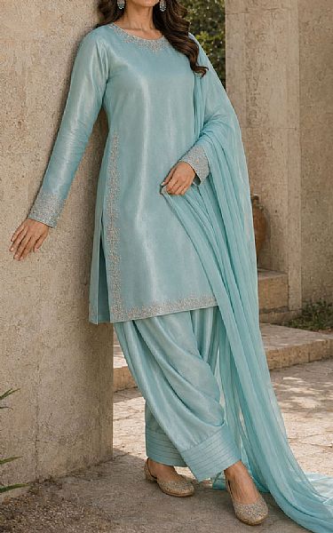 Mahveen Studio Light Turquoise Tissue Silk Suit | Pakistani Embroidered Chiffon Dresses USA- Image 2