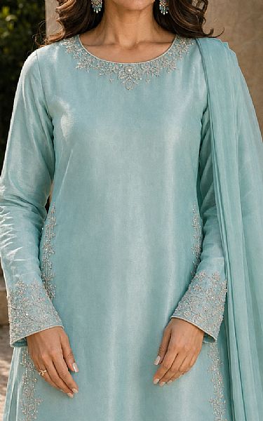 Mahveen Studio Light Turquoise Tissue Silk Suit | Pakistani Embroidered Chiffon Dresses USA- Image 3