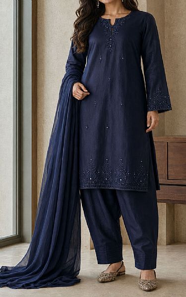Mahveen Studio Navy Blue Tissue Silk Suit | Pakistani Embroidered Chiffon Dresses USA- Image 1