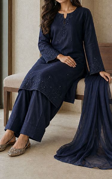 Mahveen Studio Navy Blue Tissue Silk Suit | Pakistani Embroidered Chiffon Dresses USA- Image 2