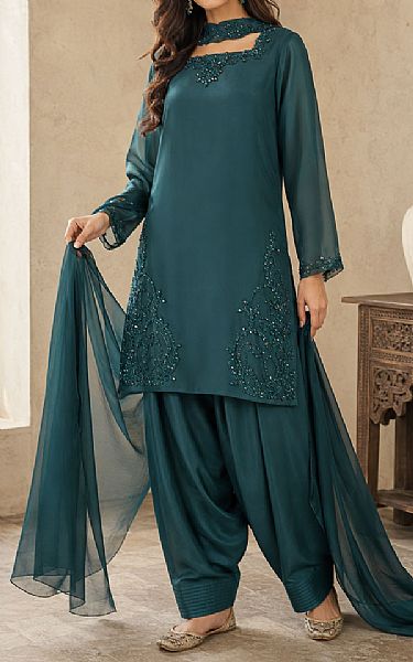 Mahveen Studio Teal Green Chiffon Suit | Pakistani Embroidered Chiffon Dresses USA- Image 1