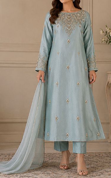 Mahveen Studio Sky Blue Tissue Silk Suit | Pakistani Embroidered Chiffon Dresses USA- Image 1