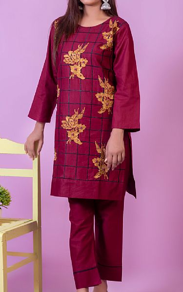 Mak Fashion Crimson Cotton Suit (2 Pcs) | Pakistani Pret Wear Clothing by Mak Fashion- Image 1