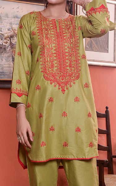 Mak Fashion Apple Green Cotton Suit (2 Pcs) | Pakistani Pret Wear Clothing by Mak Fashion- Image 2