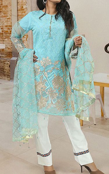 Mak Fashion Light Turquoise Organza Suit | Pakistani Pret Wear Clothing by Mak Fashion- Image 1