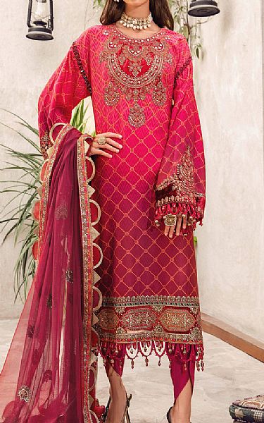 Maria B Magenta Cotton Satin Suit | Pakistani Winter Dresses- Image 1