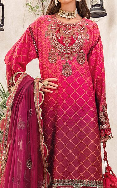 Maria B Magenta Cotton Satin Suit | Pakistani Winter Dresses- Image 2