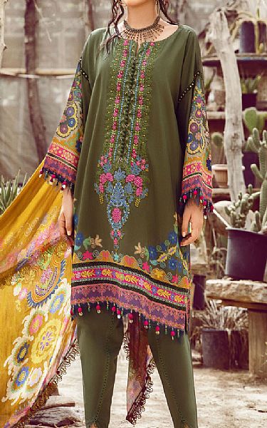 Maria B Olive Green Cambric Suit | Pakistani Winter Dresses- Image 1