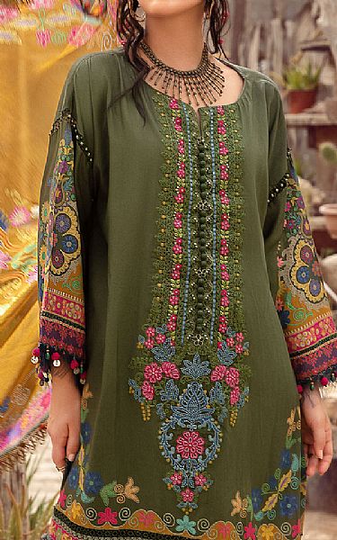 Maria B Olive Green Cambric Suit | Pakistani Winter Dresses- Image 2
