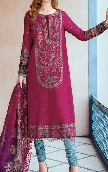 Maria B Magenta Cotton Satin Suit | Pakistani Winter Dresses- Image 1