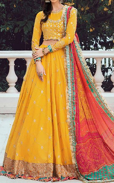 Maria B Golden Yellow Cotton Satin Suit | Pakistani Winter Dresses- Image 1