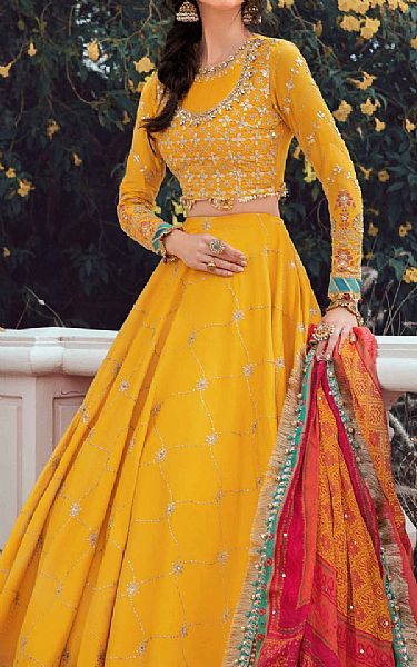 Maria B Golden Yellow Cotton Satin Suit | Pakistani Winter Dresses- Image 2