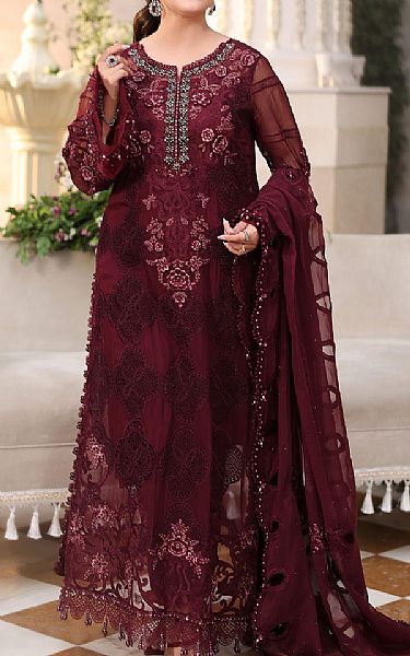 Maria B Wine Chiffon Suit | Pakistani Embroidered Chiffon Dresses USA- Image 1