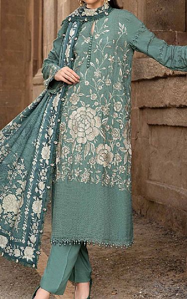 Maria B Sea Green Linen Suit | Pakistani Winter Dresses in USA- Image 1