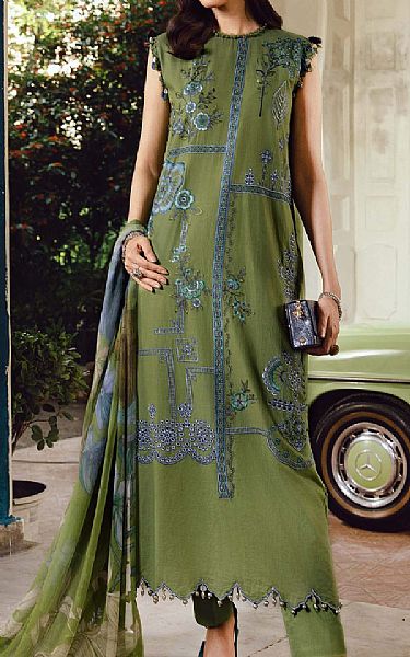 Military Green Cambric Suit | Maria B Pakistani Winter Dresses | Custom Stitched Pakistani Winter Suits