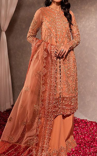 Maria Osama Khan Peach Organza Suit | Pakistani Embroidered Chiffon Dresses- Image 1