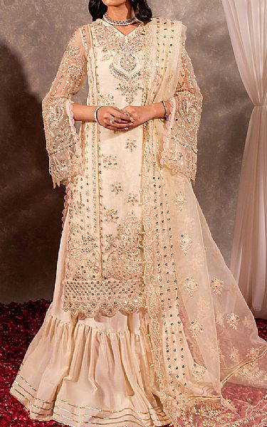 Maria Osama Khan Off-white Organza Suit | Pakistani Embroidered Chiffon Dresses- Image 1