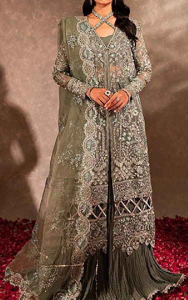 Maria Osama Khan Sage Green Organza Suit | Pakistani Embroidered Chiffon Dresses- Image 1