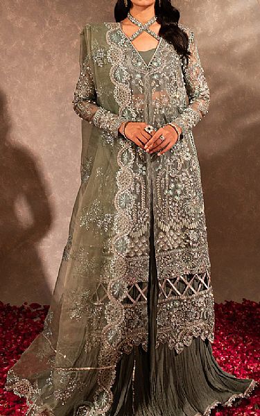Maria Osama Khan Sage Green Organza Suit | Pakistani Embroidered Chiffon Dresses USA- Image 1