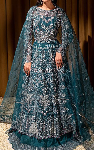 Maria Osama Khan Teal Organza Suit | Pakistani Embroidered Chiffon Dresses- Image 1