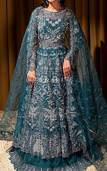 Maria Osama Khan Teal Organza Suit | Pakistani Embroidered Chiffon Dresses USA- Image 1