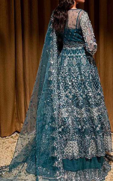 Maria Osama Khan Teal Organza Suit | Pakistani Embroidered Chiffon Dresses- Image 2