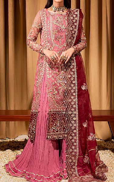 Maria Osama Khan Pink/Maroon Organza Suit | Pakistani Embroidered Chiffon Dresses- Image 1