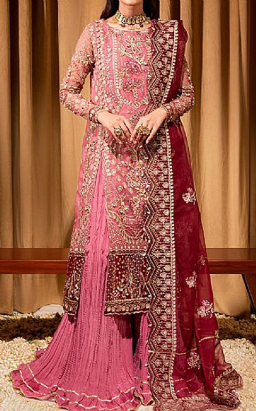 Maria Osama Khan Pink/Maroon Organza Suit | Pakistani Embroidered Chiffon Dresses USA- Image 1