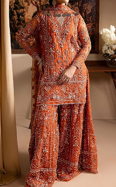 Maria Osama Khan Bright Orange Organza Suit | Pakistani Embroidered Chiffon Dresses USA- Image 1