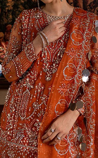 Maria Osama Khan Bright Orange Organza Suit | Pakistani Embroidered Chiffon Dresses USA- Image 3