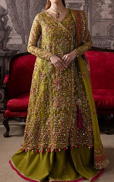 Maria Osama Khan Olive Green Organza Suit | Pakistani Embroidered Chiffon Dresses USA- Image 1