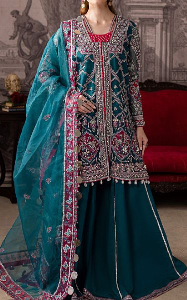 Maria Osama Khan Teal Organza Suit | Pakistani Embroidered Chiffon Dresses USA- Image 1